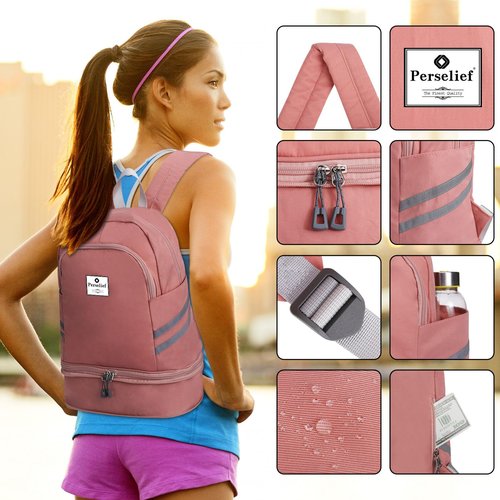 Perselief Gym Backpack for Women Foldable Sports Gym Bag with Shoe Compartment & Wet Pocket Travel Backpack Casual Daypack, Pink
