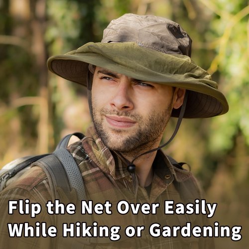 Comhats Net Fly Fishing Hat Summer Sun UV Exploring Men Nylon Bucket Hiking Boating Gardening Veil Hats Army Green X-Large XX-Large XL XXL