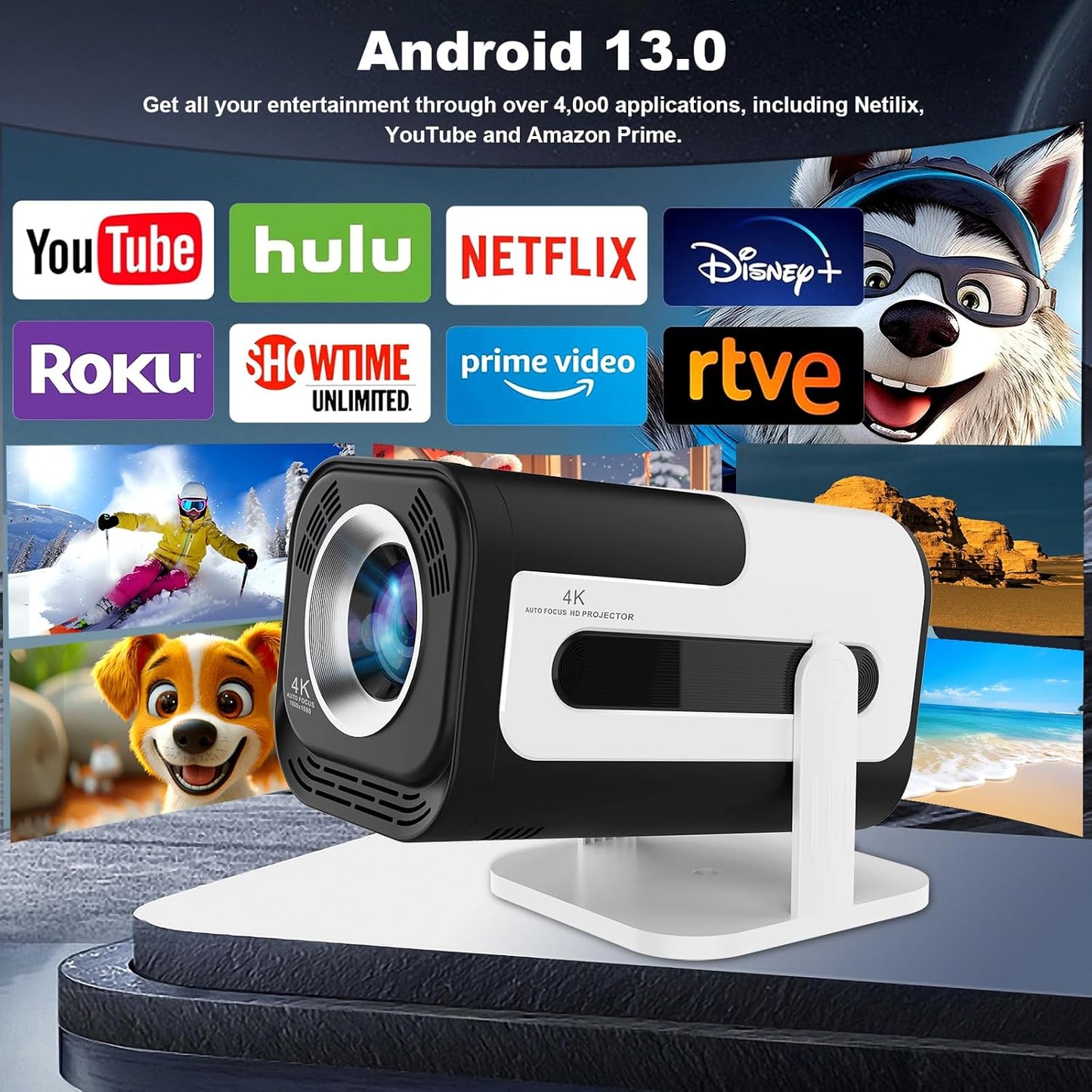 Mini Projector, HY300 PRO Portable Projector, Support 4K 1080P with Dual-Band WIFI6 5G Wireless 5.0 Bluetooth Android 11, 180° Rotatable, Auto Keystone Correction, 35"-130" Screen Video Projector