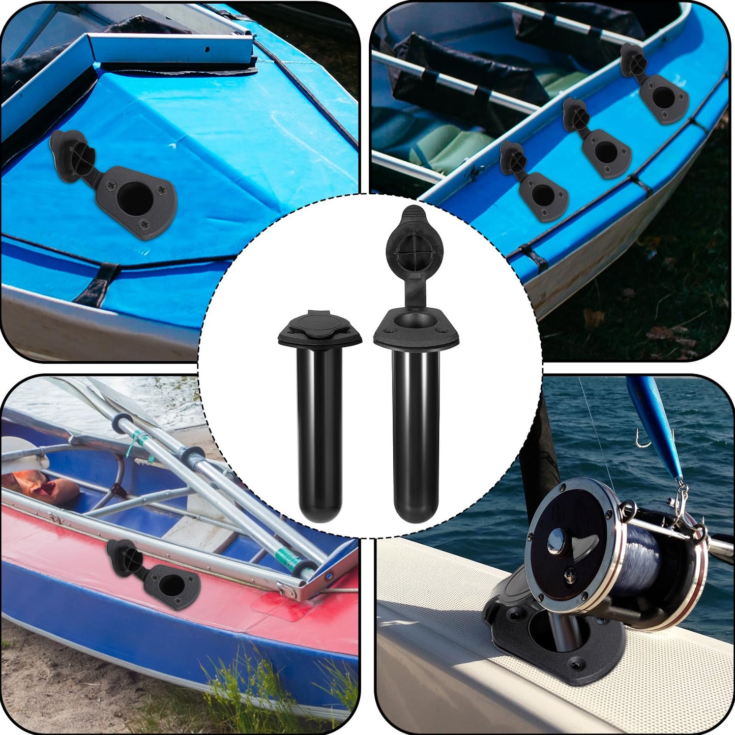 4 Pack of Kayak Deck Plastic Flush Mount Fishing Boat Rod Holders with Cap Cover,Gasket and Mounting Screws- Plastic Fishing Tackle Accessory Tool for Kayak Boat Canoe Pole