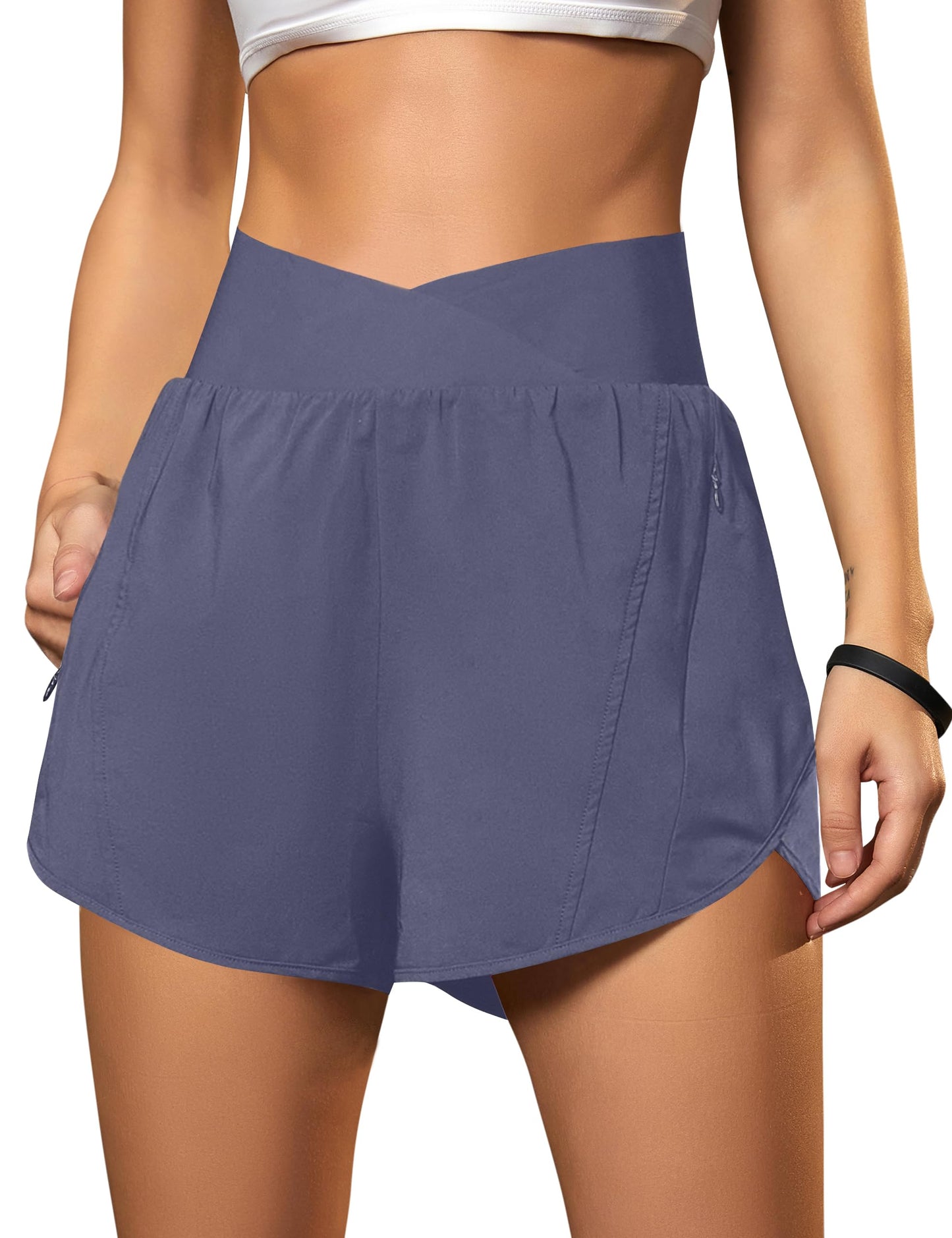 Blooming Jelly Women's Workout Shorts Athletic Running Crossover High Waisted Gym Sport Yoga Shorts with Zipper Pockets (Bluish Grey,X-Small)