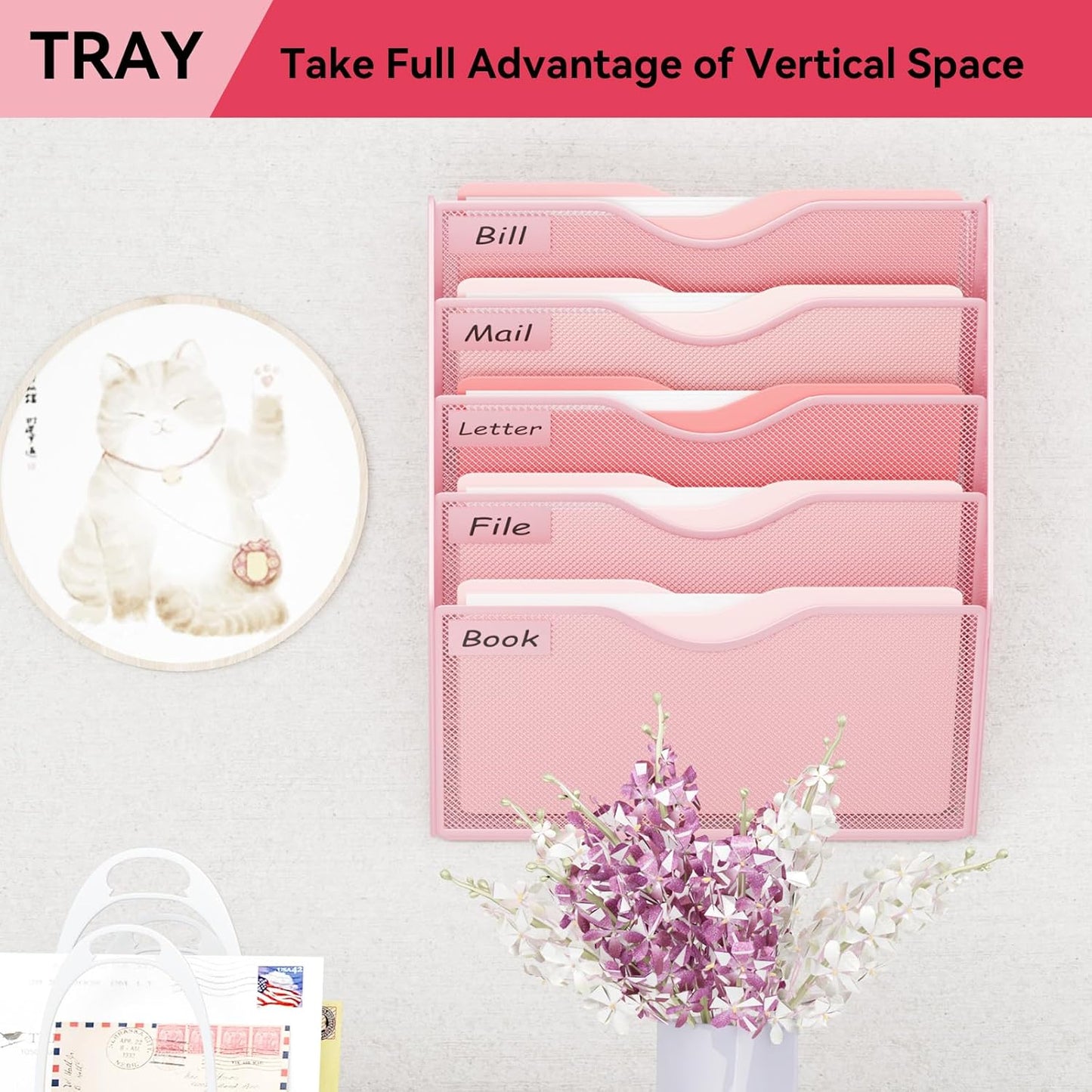 5 Pockets Mesh Hanging Wall File Holder Organizer Wall Mounted Paper Magazine Rack, Black