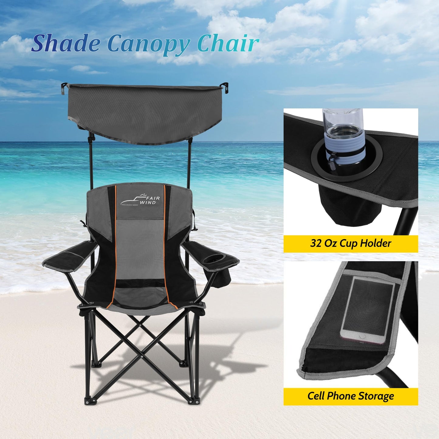 FAIR WIND Oversized Camping Lounge Chair with Adjustable Shade Canopy for Outdoor Sports Heavy Duty Quad Fold Chair Arm Chair - Obsidian
