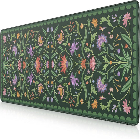 iLeadon Desk Matt for Desktop, Large Floral Stitched Edges Long Full Desk Mat for Laptop, Soft Mouse Pad for Keyboard, Green Desk Keyboard Mat for Office Home Beige/Green