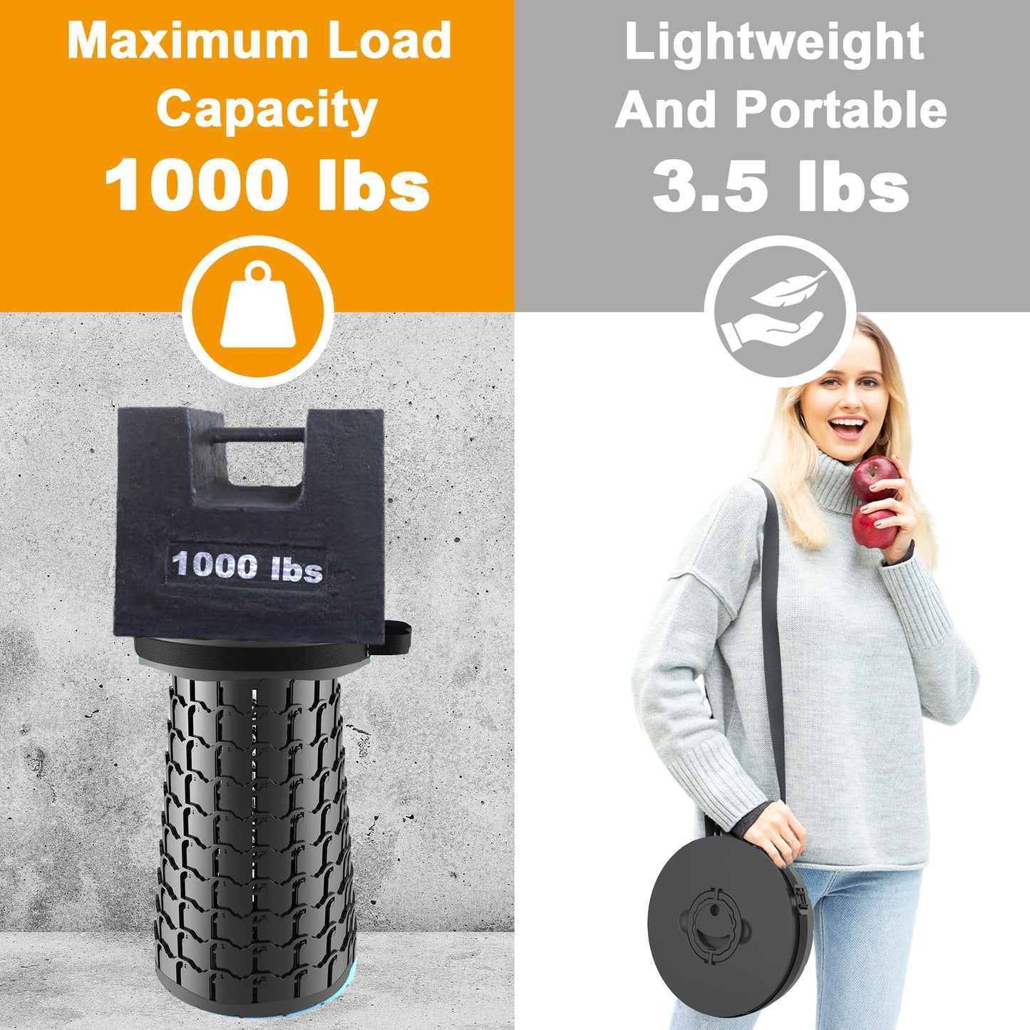 ALEVMOOM Upgraded XXL 19.7" Collapsible Stool, Heavy Duty Portable Folding Stool Max Load 1000 lbs, Retractable Telescoping Foldable Seat for Camping Fishing Hiking Travel BBQ