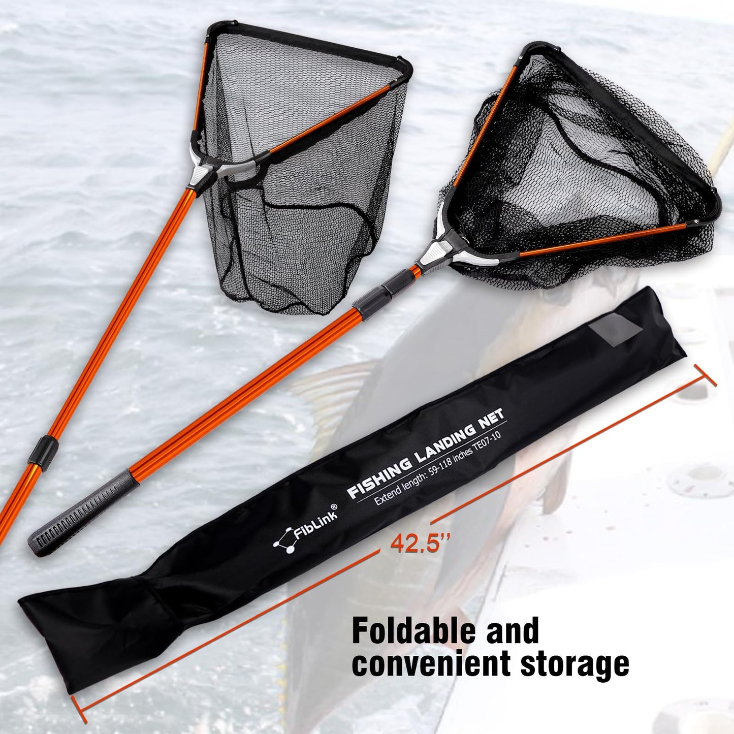 Fiblink Folding Aluminum Fishing Landing Net Fish Net with Extending Telescoping Pole Handle (Orange-Extend Length: 59-118 inches)