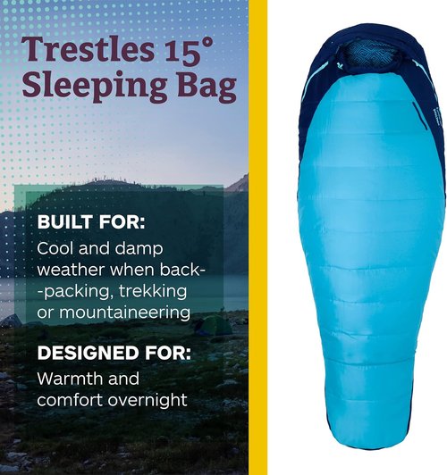 Marmot Women’s Trestles 15° Sleeping Bag | Insulated, Water-Resistant, Left-Zip, French Blue/Harbor Blue, Long