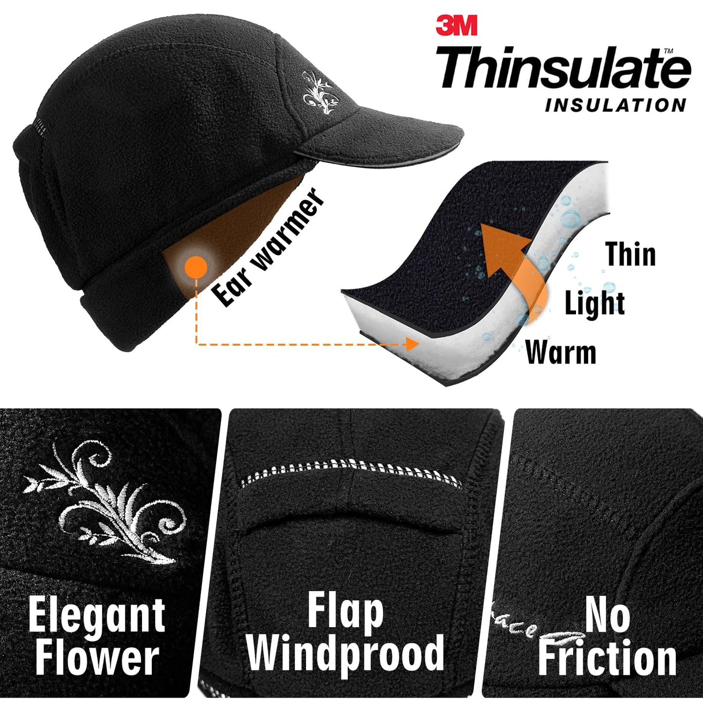 EZPACE Fleece Ponytail Hat for Women with 3M Thinsulate Ear Warmer Running Gear Winter Cold Weather Black