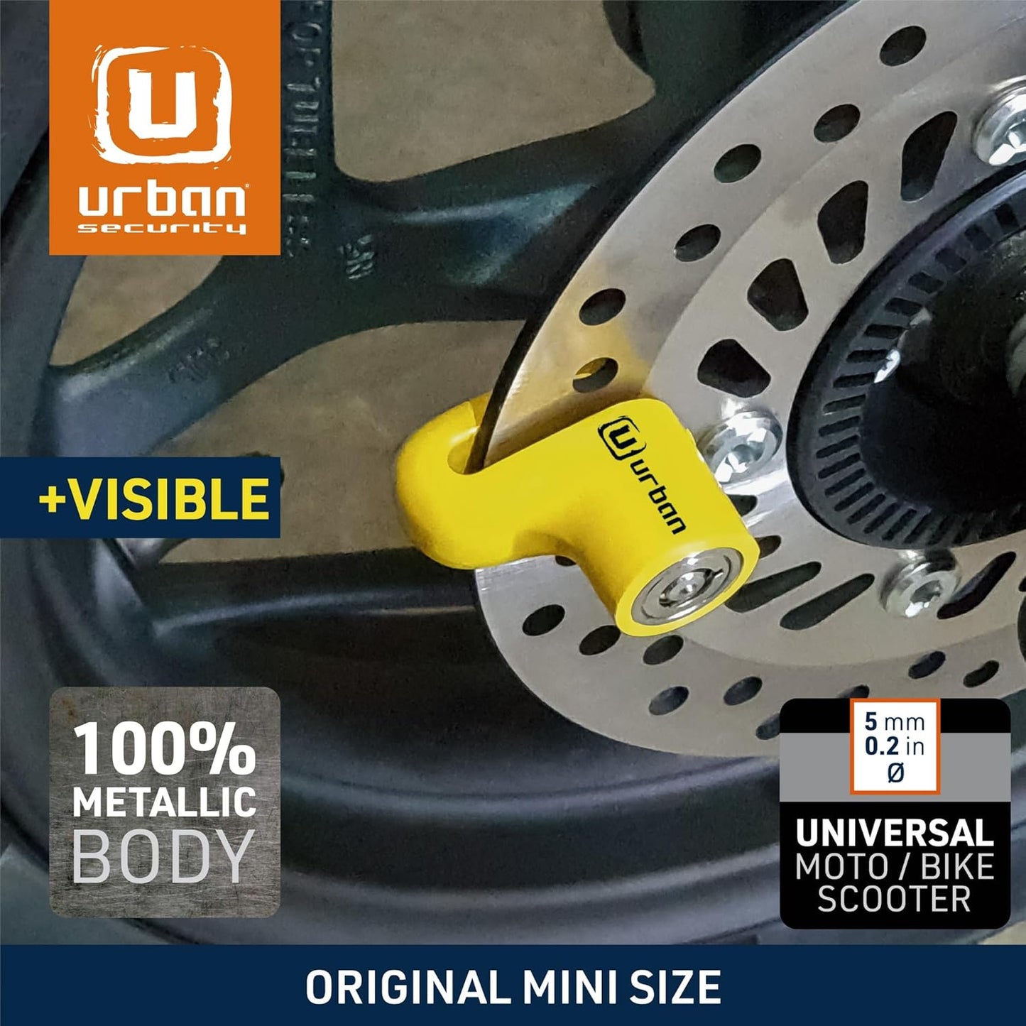 Urban 564A Most Compact Motorcycle Disc Lock, ø5mm, Lightweight, and Portable, More Visible, More Deterrent, Steel, Universal Anti Theft Wheel Brake Lock for Motorbike Scooter Electric Bike Bicycle