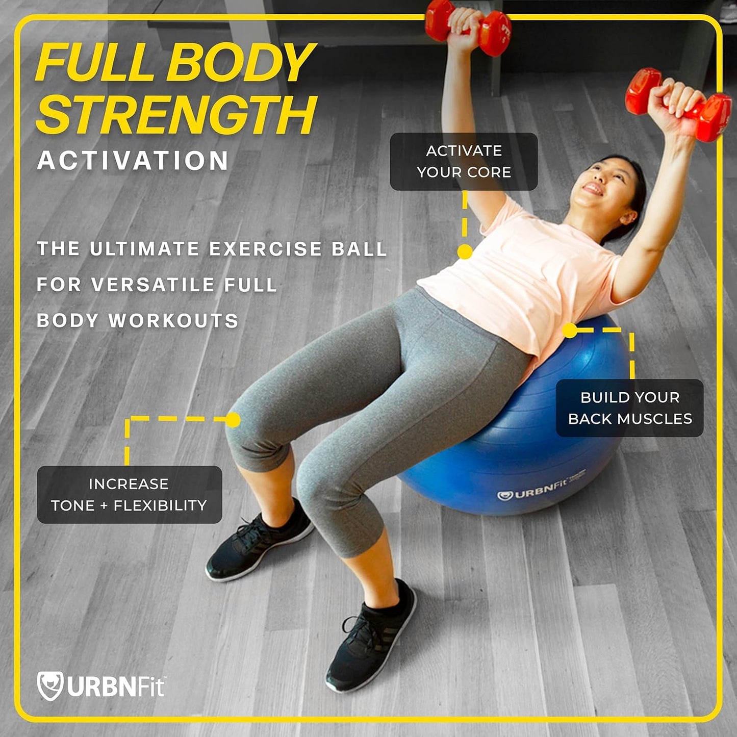 URBNFit Exercise Ball - Yoga Ball in Multiple Sizes for Workout, Pregnancy, Stability - Anti-Burst Swiss Balance Ball w/Quick Pump - Fitness Ball Chair for Office, Home, Gym