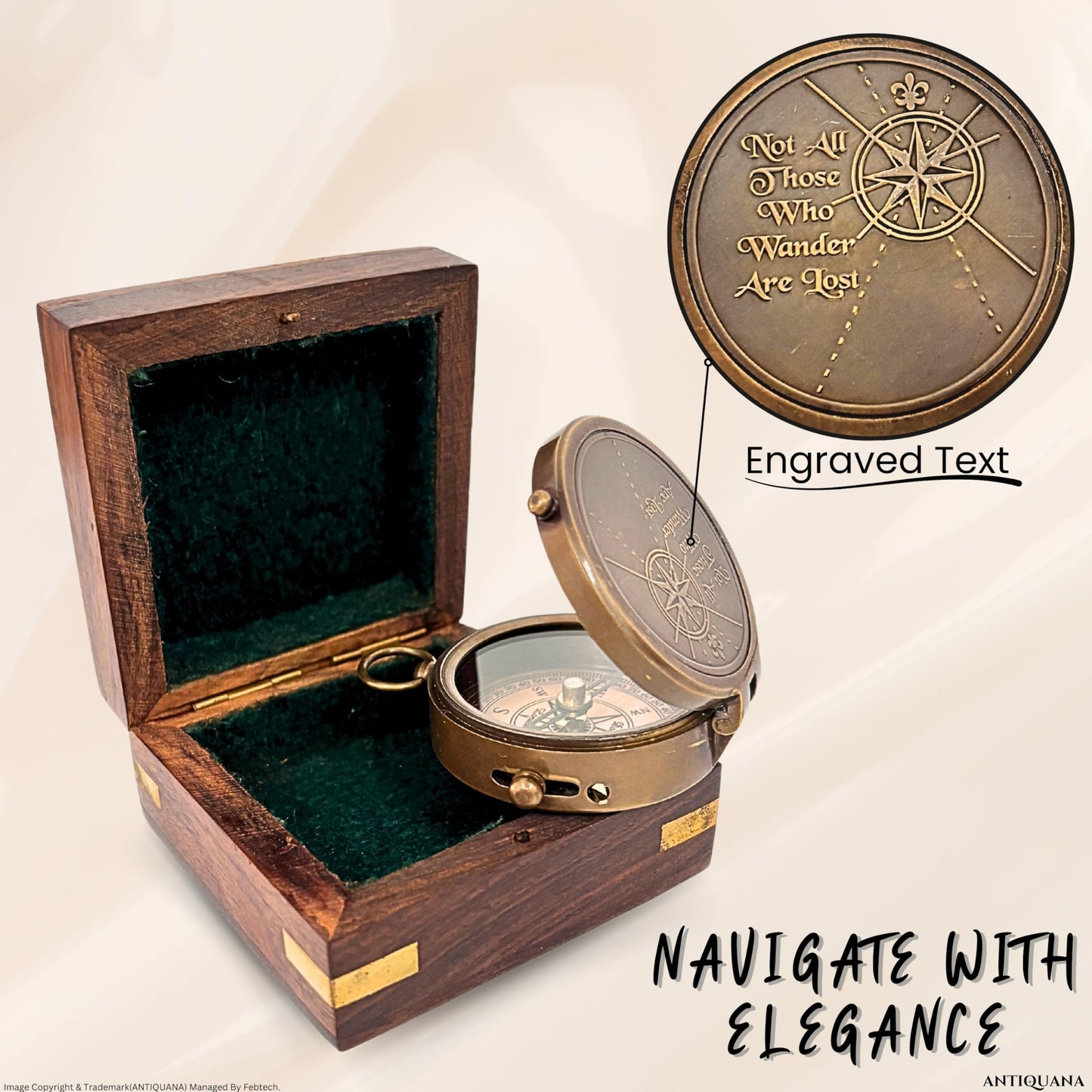 ANTIQUANA Authentic Antique Compass Presented in Artisan Wooden Box - A Treasure for Adventurers Navigate with Heritage and Class, 2 inch