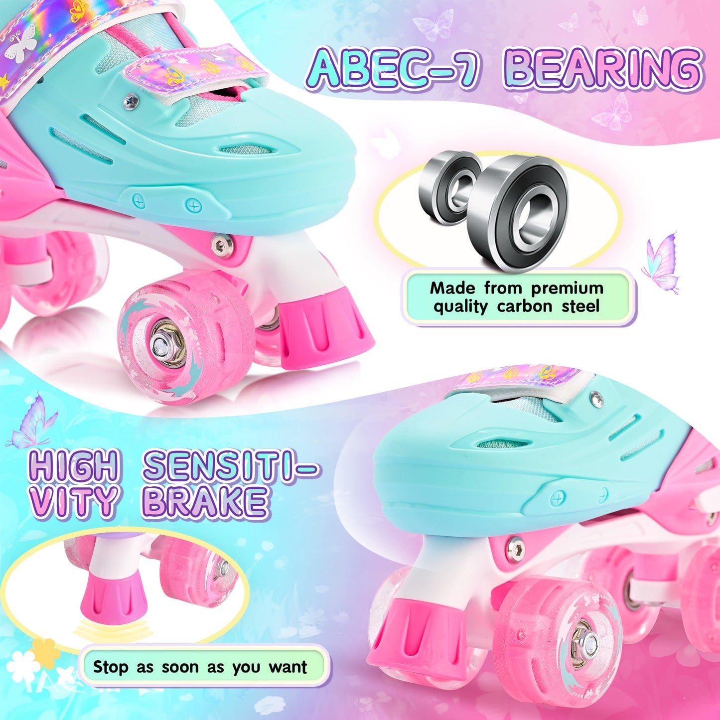 2PM SPORTS Adjustable Roller Skates for Girls Kids Ages 3-5 4-7 5-8 6-12 8-12 with Light Up Wheels, Outdoor Indoor Rollerskates for Kids Beginner Toddler Little Girl Youth Pink Green Butterfly
