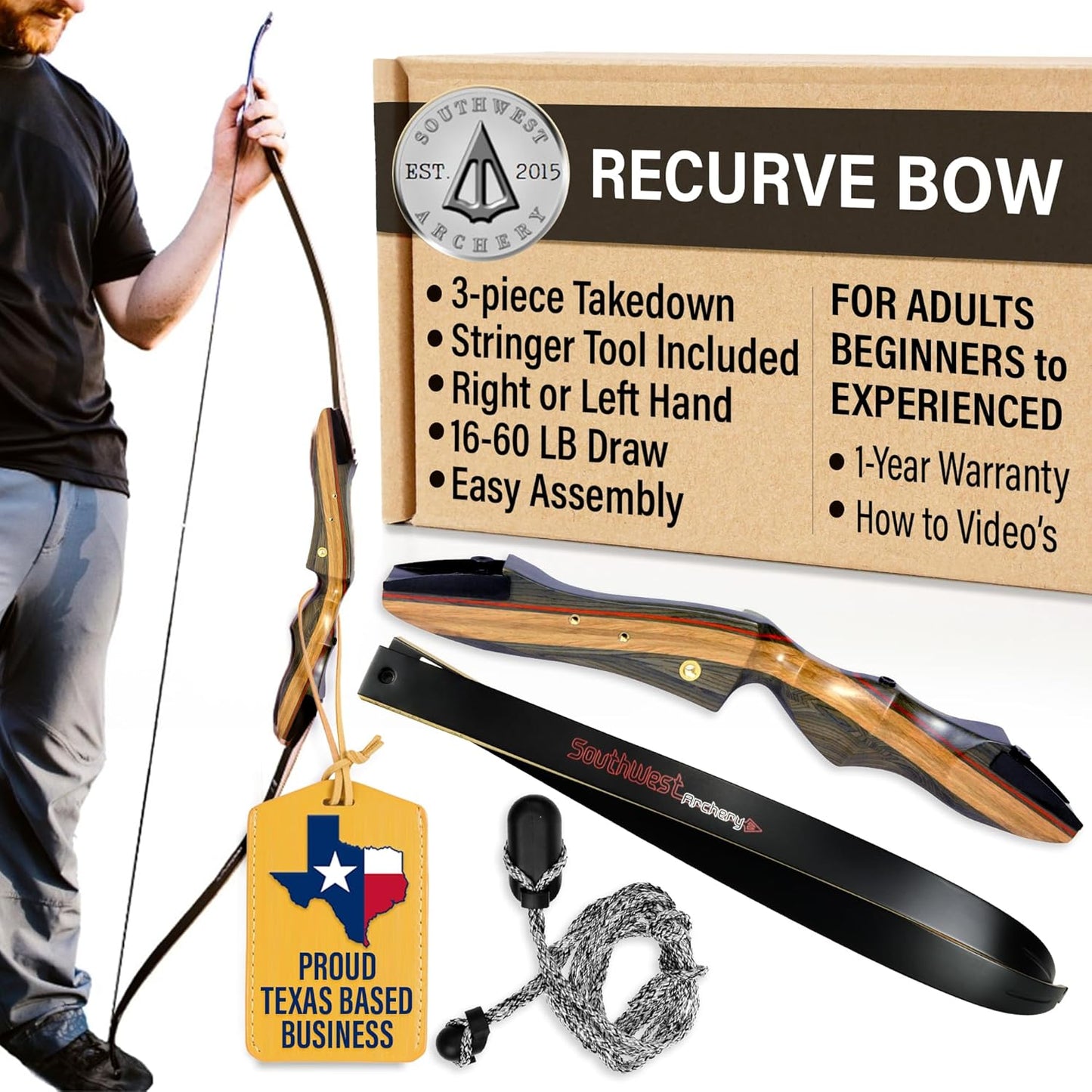 Spyder Takedown Recurve Bow - 62"-64" Hunting & Target Bow - Fast, Accurate, Versatile Handcrafted Riser - Fiber Glass Maple Limbs - 20-60lb Draw - Beginner to Intermediate