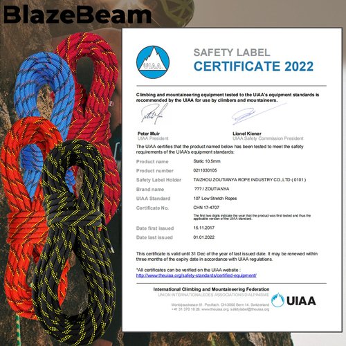 BlazeBeam Static Climbing Rope 10.5mm UIAA Static Line Rappelling Rope 15M (50ft) Nylon Kern Mantle Rope for Escape Rope Rock Climbing, Mountain Tree Climbing, Hauling, Rescue
