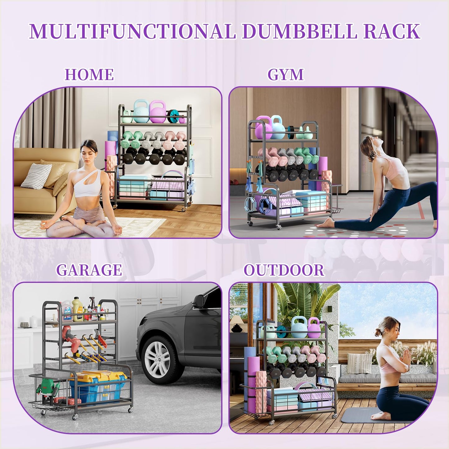 Homeiju Dumbbell Rack,Weight Rack for Home Gym, Home Gym Storage for Dumbbells Kettlebells Yoga Mat and Strength Training Equipment,Weight Storage Rack for Dumbbells with Wheels&Hooks(Grey)