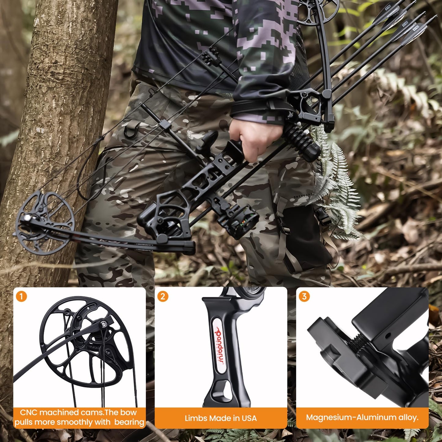 PANDARUS Archery Ready to Hunt Compound Bow Package for Adults and Teens,25"-31" Draw Length,0-70 Lbs Adjustable,up to 320 fps,Made in USA,Lightweight Design,2025 New(Black Right Handed Pro)