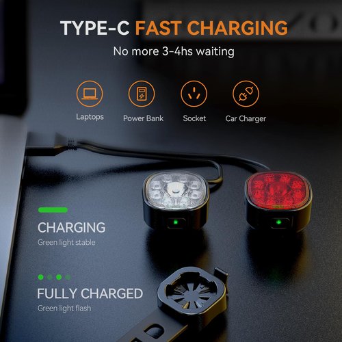Victagen Bike Lights Kit 9LED Bike Headlights High & Low Beams, Ultra-Light and Bright Bicycle Lights, Waterproof Bike Lights for Night Riding, USB-C Bicycle Front and Rear Lights (VTG9)