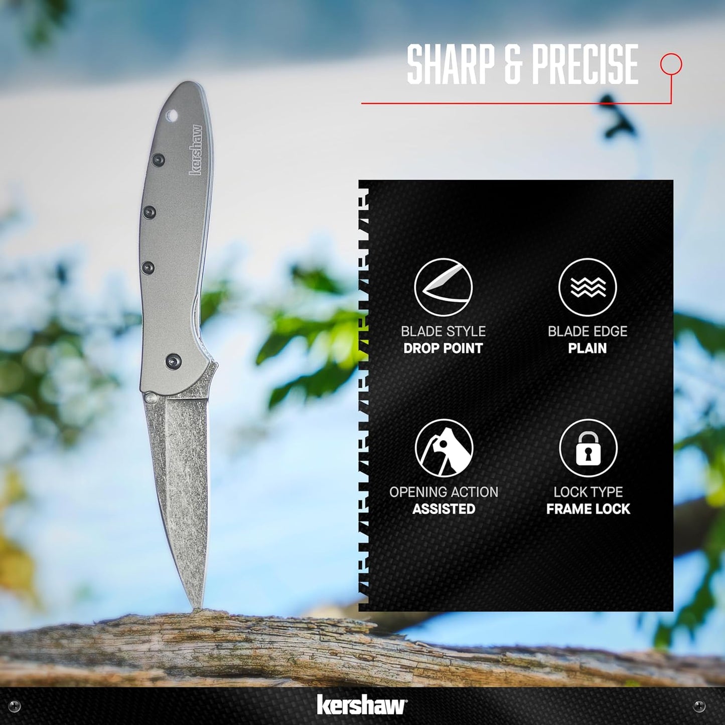 Kershaw Leek Pocket Knife, 3" 14C28N Stainless Steel Drop Point Blade, Spring Assisted Knife, Folding EDC