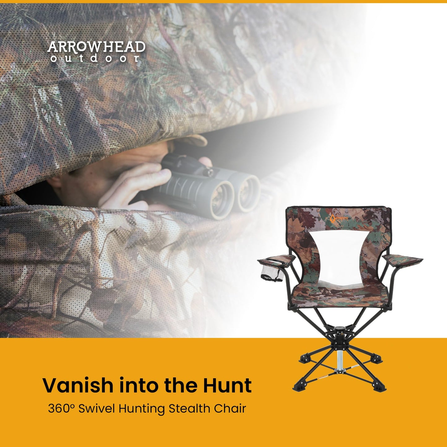 ARROWHEAD OUTDOOR 360° Degree Swivel Hunting Chair Stool Seat, Perfect for Blinds, No Sink Feet, Supports up to 450lbs, Carrying Case, Steel Frame, Fishing, High-Grade 600D Canvas, USA-Based Support