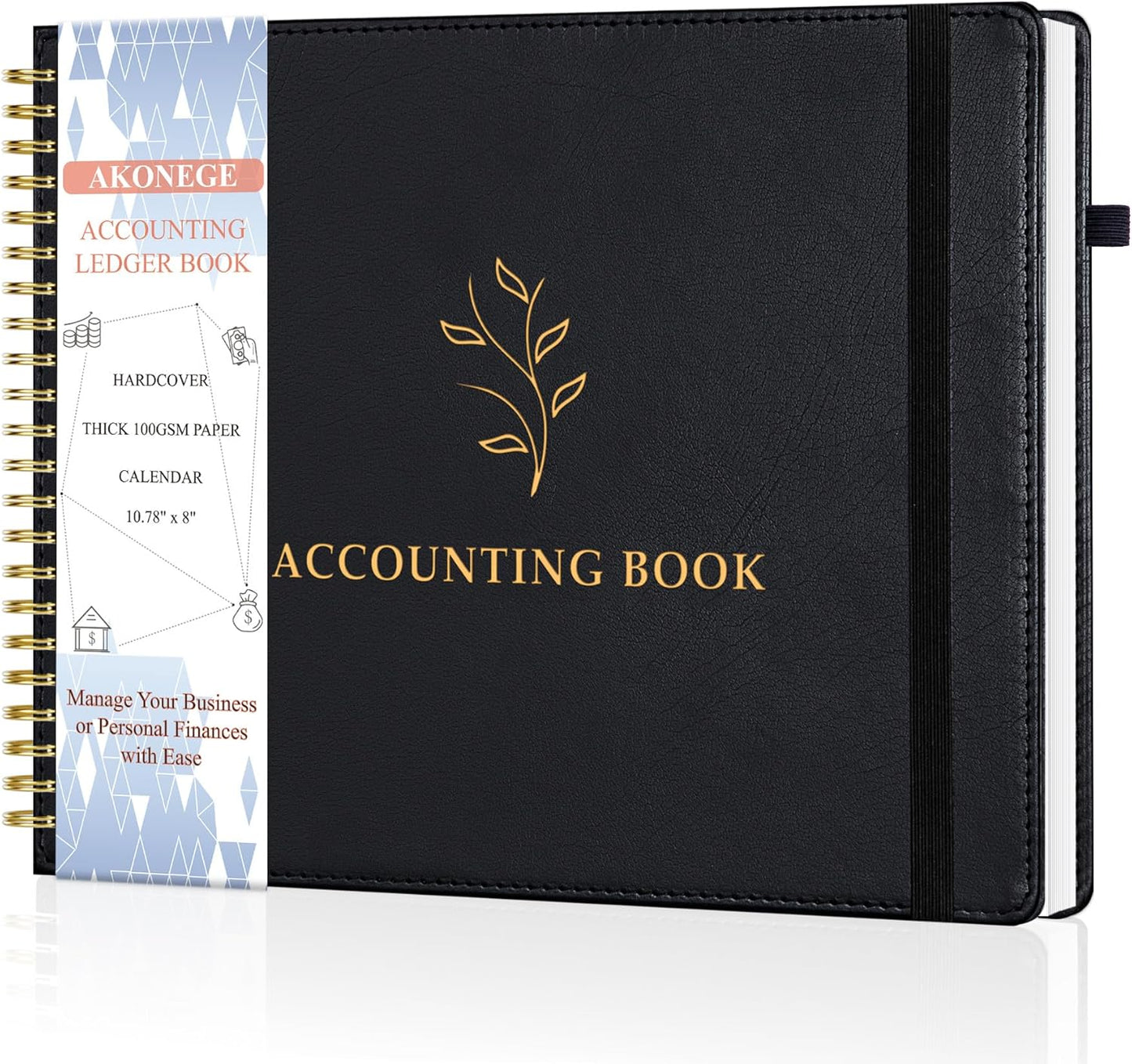 Accounting Ledger Book for Personal & Small Business Bookkeeping, Horizontal Income and Expense Tracker Notebook with Calendar, Hardcover Columnar Log Journal 10.78" x 8", Black