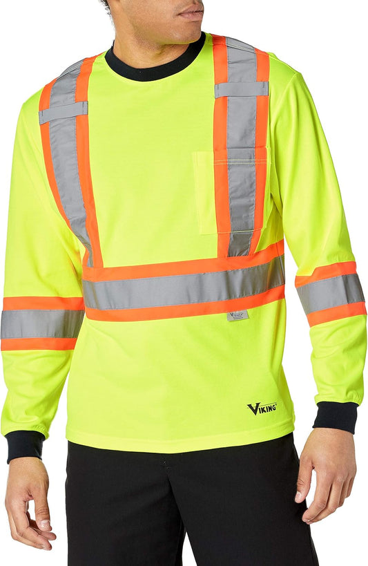 Viking Men's Safety Hi-Vis UPF Cotton Lined Long Sleeve Shirt with 2" Vi-brance Reflective Tape Over 4" Contrasting Tape