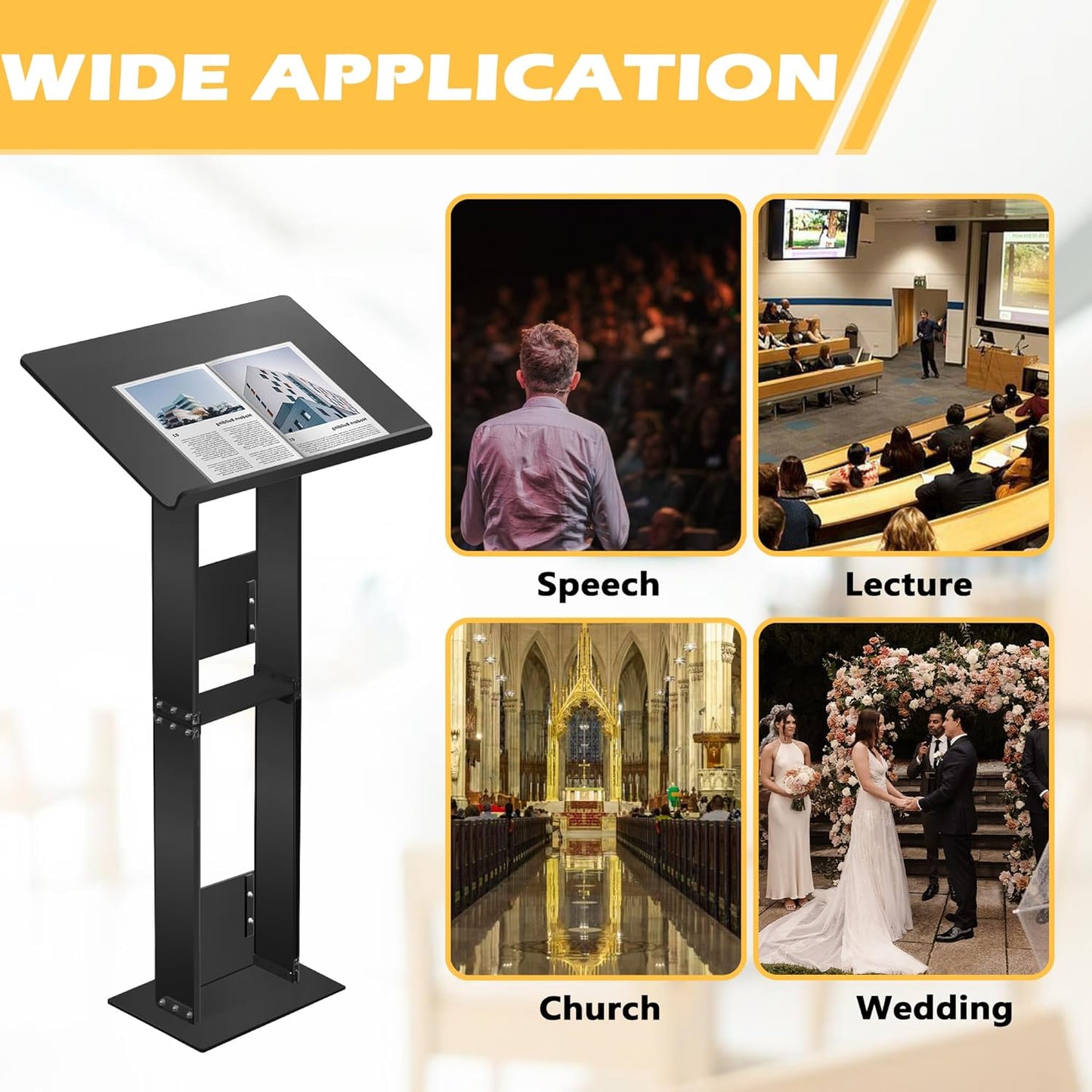 Podium Stand, Lecterns & Podiums, Acrylic Adjustable Angles with Metal Base, Podium for Church, Weddings, Classroom, Speech, 24" L x 16" W x 43.5" H (Clear)