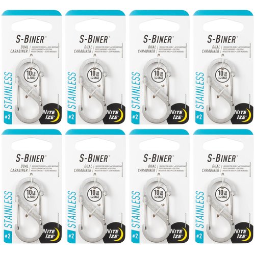 Nite Ize S-Biner Stainless Steel Dual Carabiner - Multi Purpose Dual Carabiner Clip - Great for Camping Supplies & Hiking Essentials - Secure Key Holder - Size 2, Stainless Steel (8 Pack)
