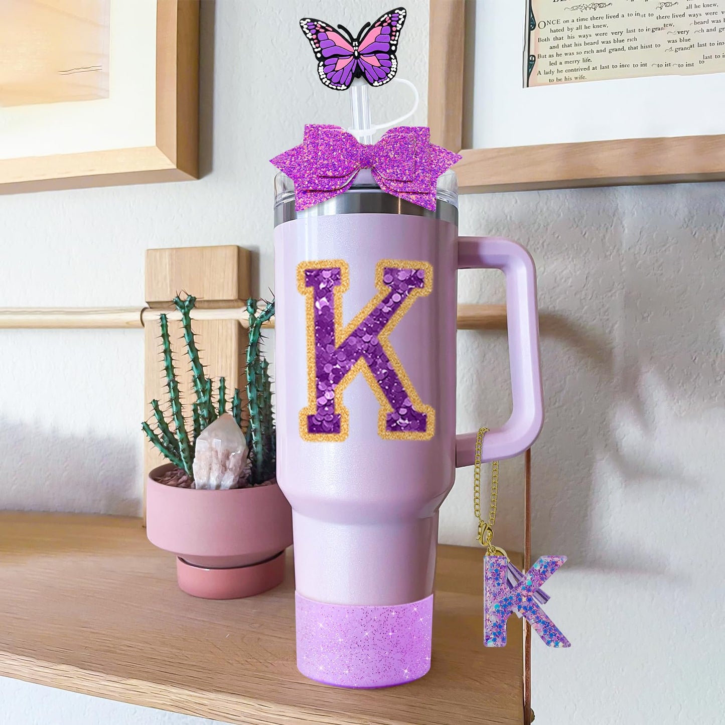 7Pcs Purple Stanley Cup Accessories Set for Stanley Cup 30&40 Oz Tumbler - Silicone Straw Cover Cap and Boot, Letter Charm for Handle, Spill Proof Stopper, Bow straw Decoration, Initial Sticker(K)