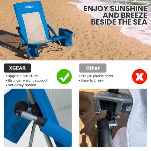 XGEAR Beach Chair Sturdy Beach Chairs for Adults with Cooler Bag, High Back Camping Chair with Side Pocket, Cup Holder & Carry Bag, for Outdoor Sand-Blue
