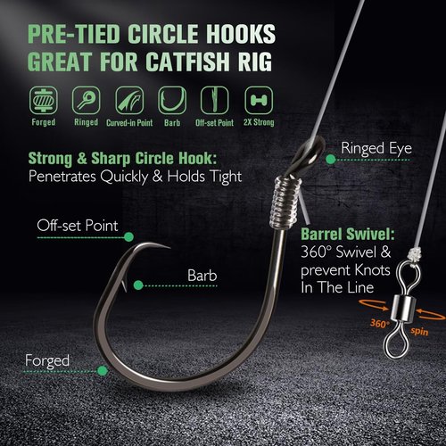 Dovesun 10PCS Circle Hooks Rigs Pre-Rigged Catfish Rig for Saltwater Freshwater Fishing Hooks for Catfish 2/0