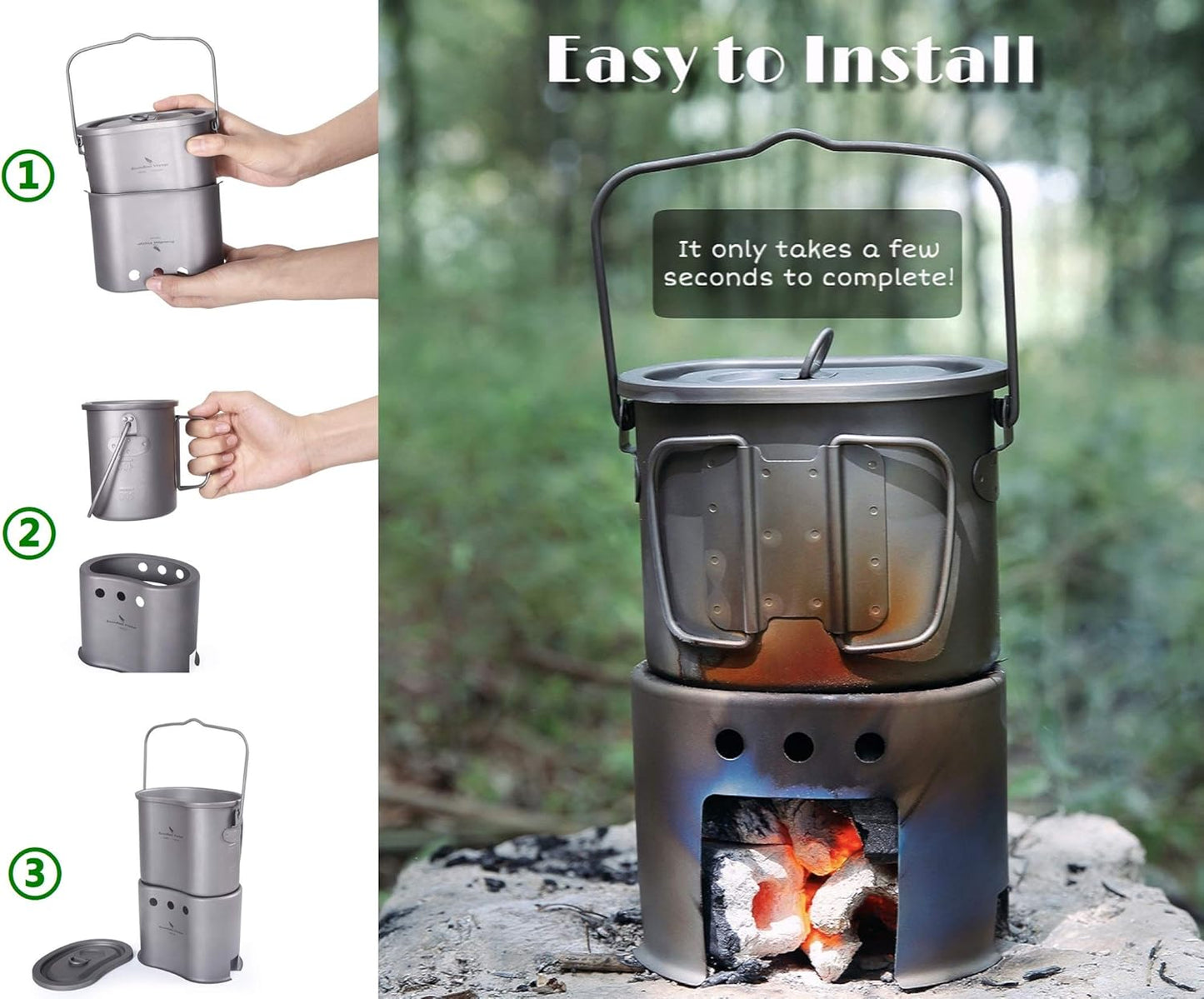 Boundless Voyage Titanium Pot with Wood Stove Set Ultralight Cup Mug with Lid for Outdoor Camping Picnic Hiking Backpacking 800ml/27 fl oz