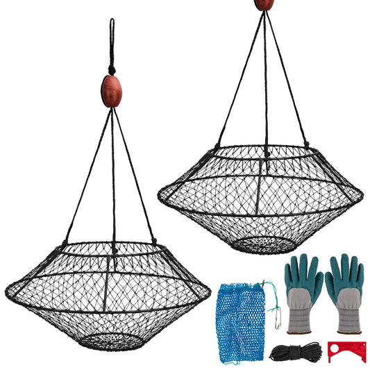 QualyQualy Crab Ring Trap Net, Ring Crab Kit Lobster Hoop, Portable Folded Crab Cage, Crabing Accessories with Bait, Heavy Crab Nets for Crabbing, 32" x16.5'', 2 Pack