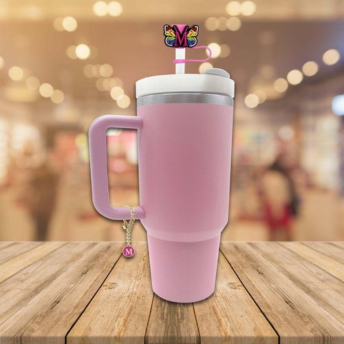 Tovly 10mm Straw Cover Cap for Stanley Cup 40&30 Oz Initial Butterfly Style Straw Topper with personalized Letter Charm Accessories for Stanley Tumbler (K)