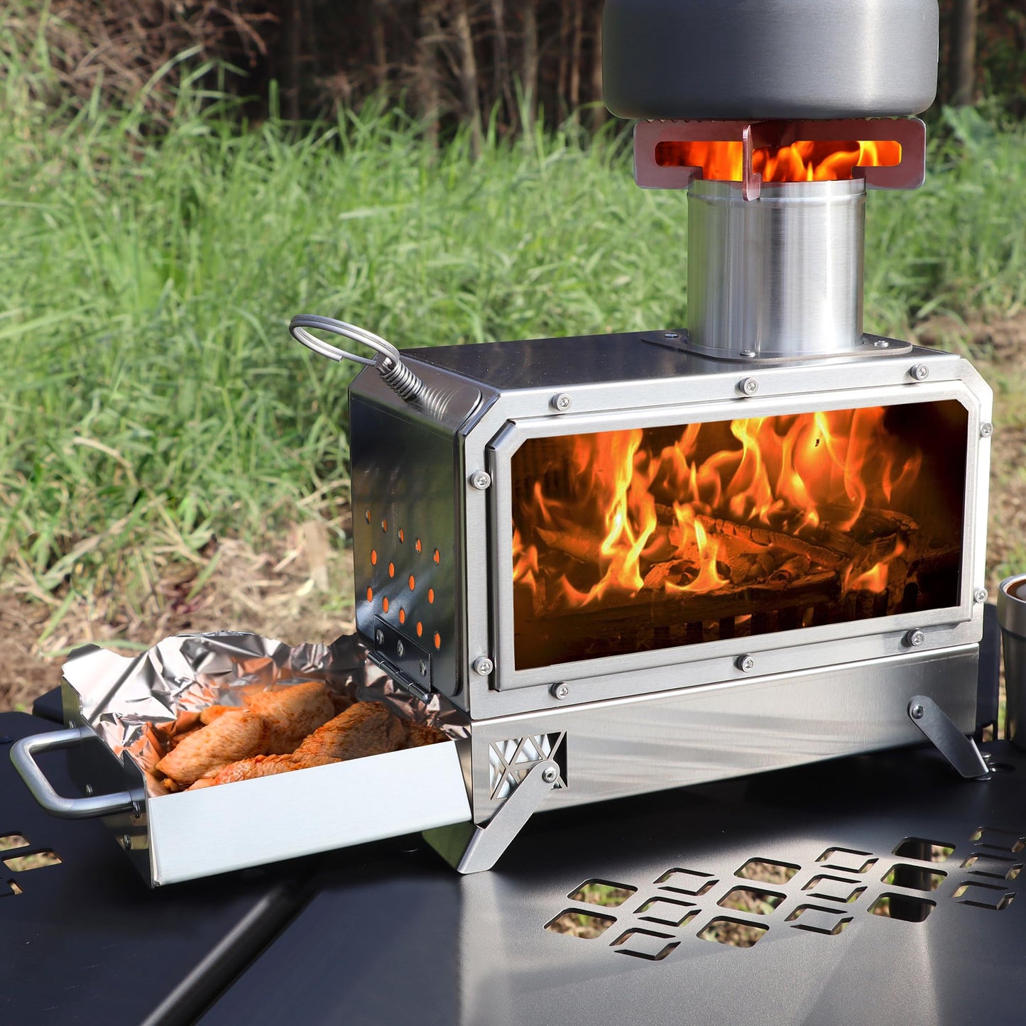 GoHawk Portable Wood Burning Camp Stove 9.5" Mini Heater Burner with Fireproof Glass Window 304 Stainless Steel Cooking Oven Grill Heating Tray for BackPacking Camping Tent Fishing Hiking Picnic BBQ