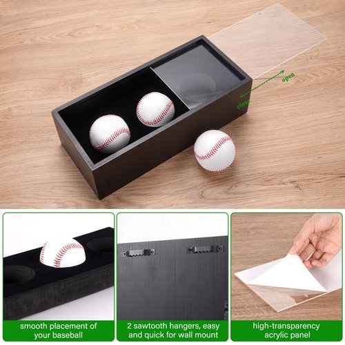 Baseball Display Case, Baseball Holder Display Case for 3 Balls, with Acrylic Dust UV Protection Cover, Wall Mount Shadow Box for Autographed Balls, Memorabilia Display Case for Baseball Collector