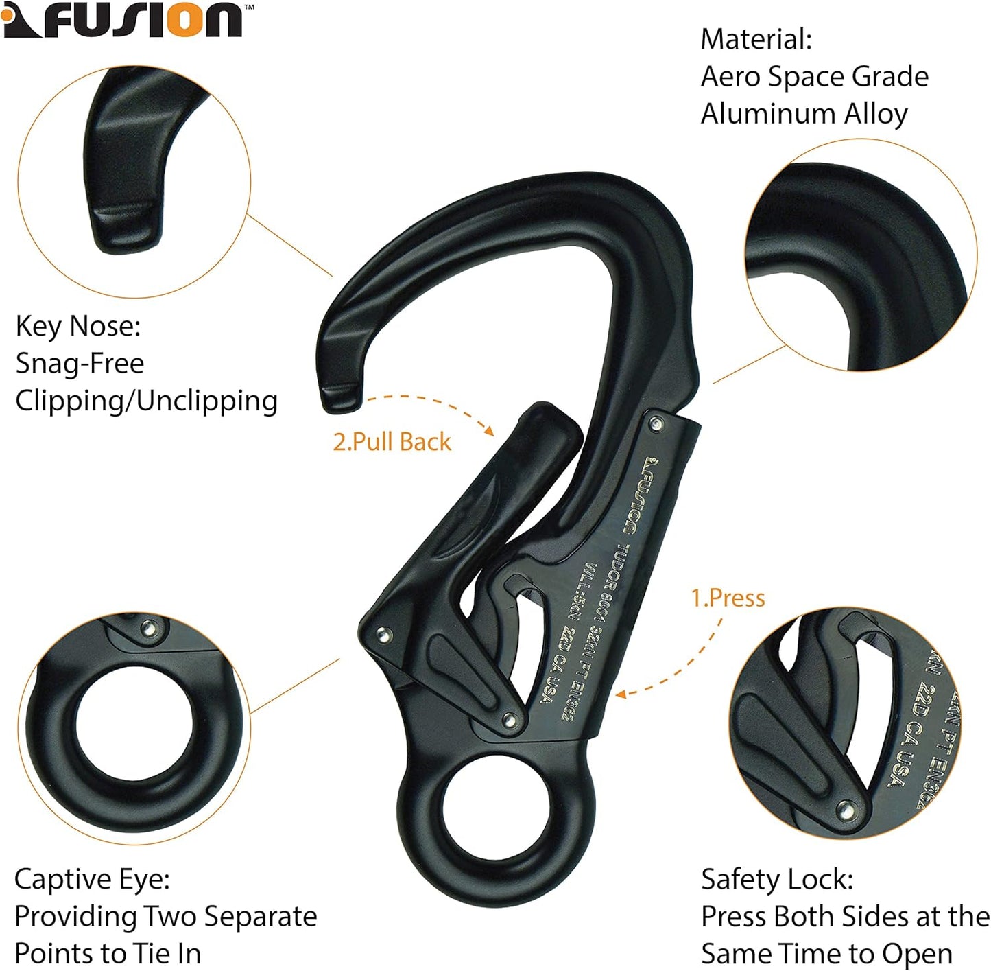 Snap Auto Locking Carabiner 32KN - Fusion Climb® Tudor - Professional Rock Climbing Carabiner - Heavy Duty Steel Clip - Snap Locking Carabiner for Climbing, Rappelling, D Shaped - UIAA ANSI Compliant