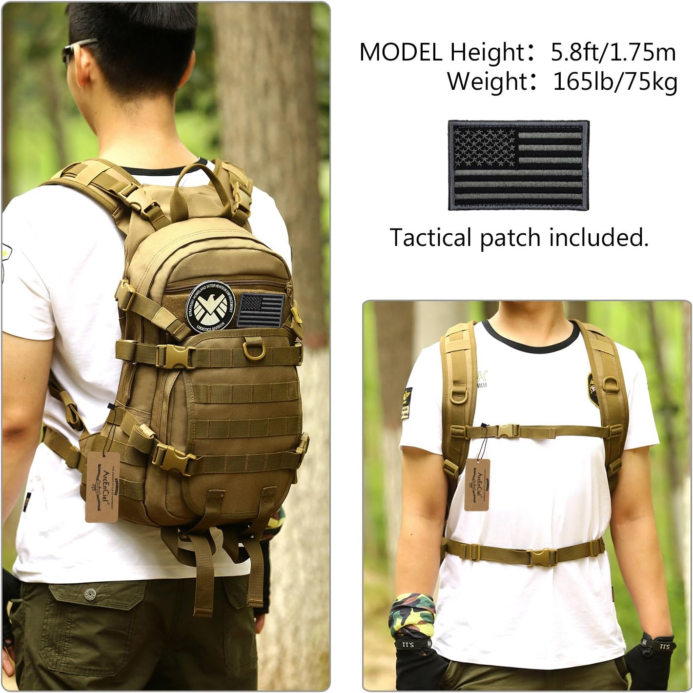 ArcEnCiel 25L Adult Tactical Motorcycle Cycling Backpack Pocket Molle Pack Helmet Holder(Patch&Rain Cover Included)