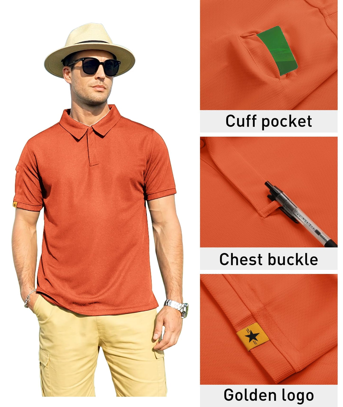 ZITY Mens Polo Shirt Short Sleeve Sports Tactical T-Shirt Athletic Golf Polos Daily Casual Stylish Collared Shirts for Men Orange Medium