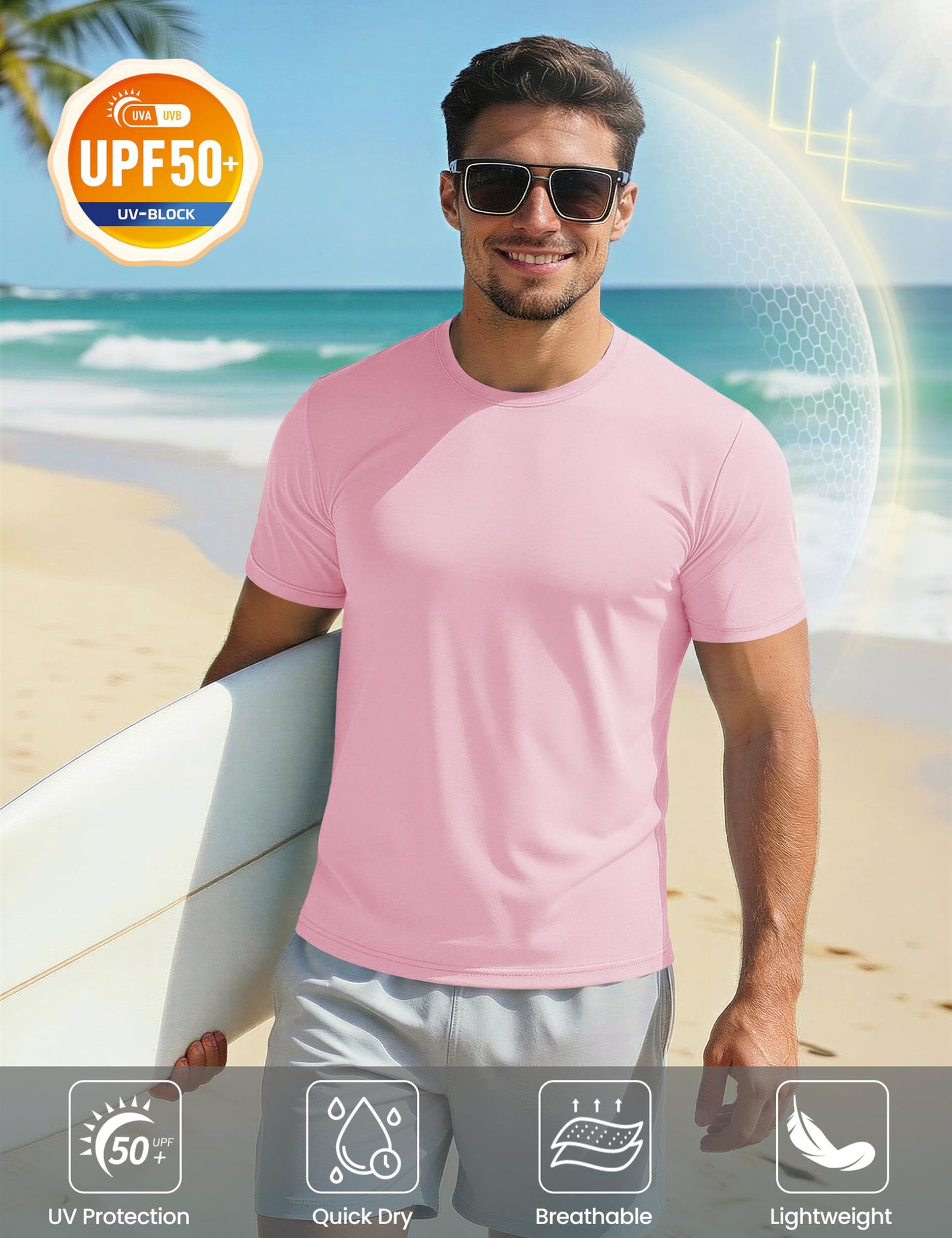 Mens Quick Dry T-Shirt - Short Sleeve Running Shirt - Sun Protection - Active - Light Pink - 2XL