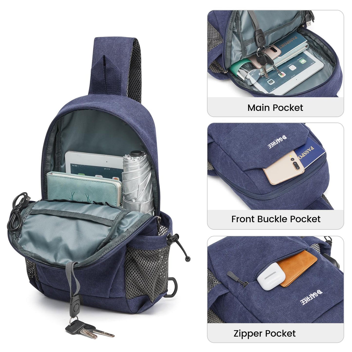 G4Free Canvas Sling Bag Crossbody Backpack Shoulder Bag for Men Women with Anti-theft Pocket & USB Charge Port (Dark Blue)