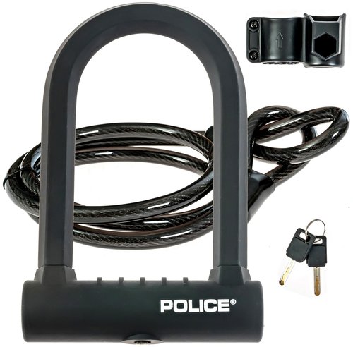 POLICE U-Lock Bike Lock with Key, U-Lock for Bicycles, Lock for Scooters, Outdoor Equipment Silicone-Coated Bike Lock with Cable Heavy Duty Black
