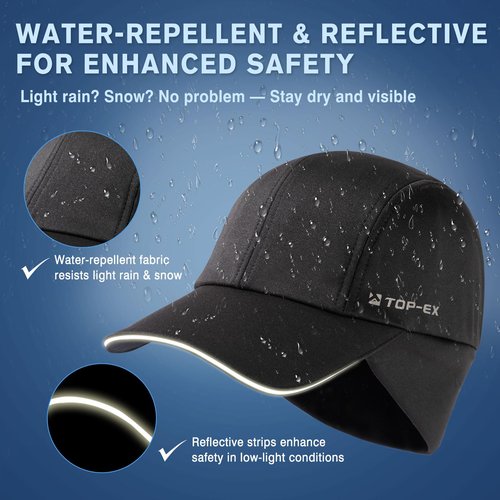TOP-EX M/L/XL Waterproof Baseball Cap for Men with Ear Muffs Running Beanie with Ponytail Hole Reflective Winter Hat Cold Weather Fleece Lining Hat Black Big