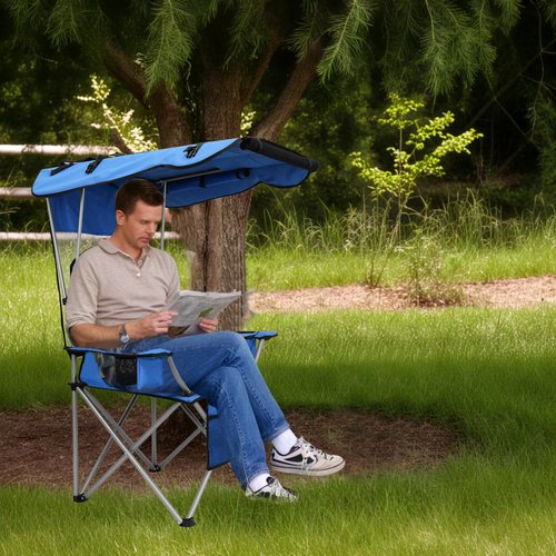 PLKO Camping Chairs with Canopy, Portable Quad Lawn Chair for Adults, Folding Recliner Chair with Cup Holder Outdoor Events and Shade- Support 330 LBS，Light Blue