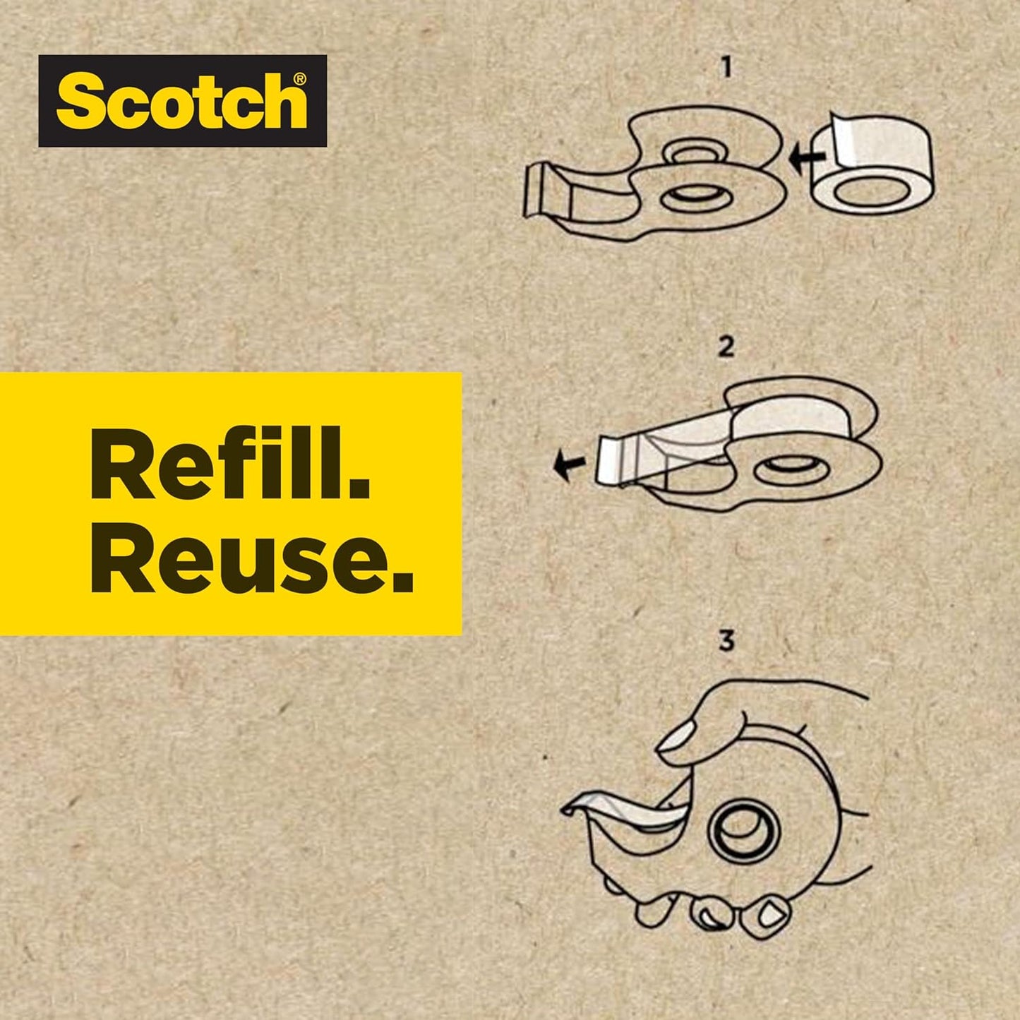 Scotch Magic Tape Stainless Steel Refillable Dispenser with Plant-Based Adhesive Refill Pack, Includes 2 Rolls of Invisible Tape, 3/4 in x 550 in