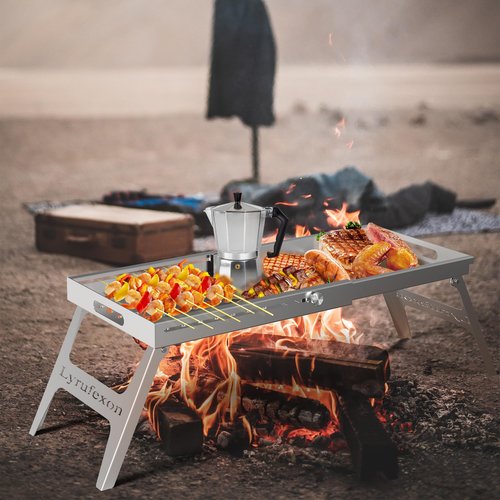 Marudina Foldable Campfire Grill Stainless Steel, 24.8"*11" Food Grade Metal, Non-toxic and Easy to Clean, Folding Camp Fire Grill for BBQ, Picnics, Backpacking, Backyards and Survival