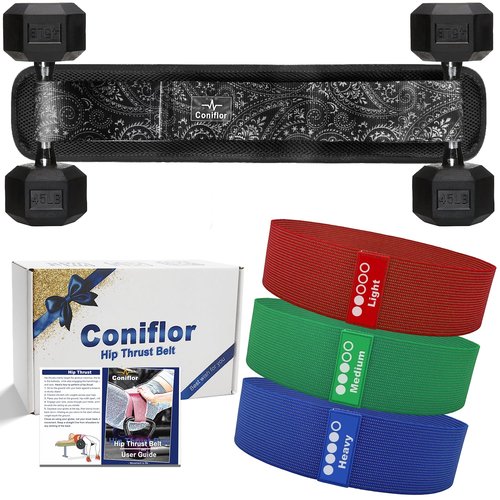 Coniflor Hip Thrust Belt with 3 Fabric Resistance Bands - Adjustable Fitness Belt for Dumbbells, Kettlebells, Plates - Support Up to 100 lbs - Upgrade Slip-Resistant Pad for Glute Workouts at Home Gym