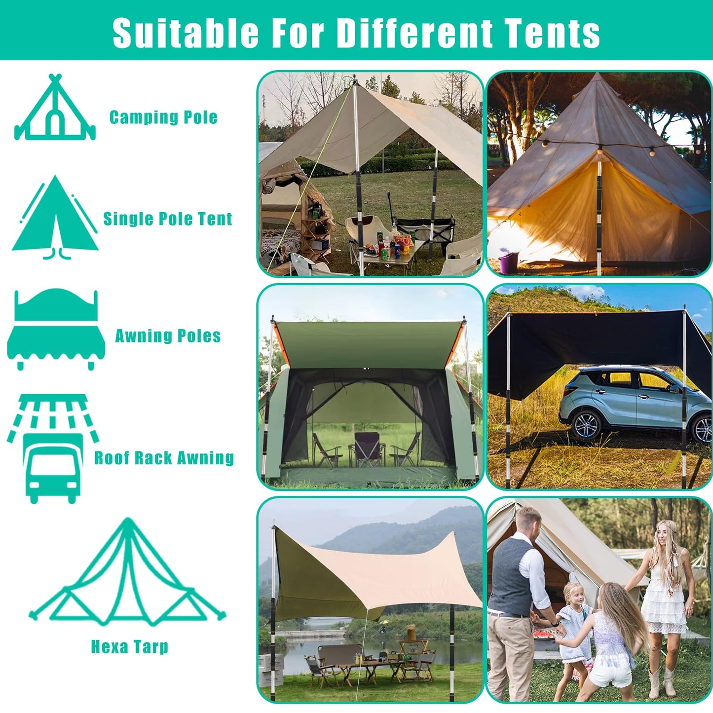 Frebuta Tarp Poles,Tent Poles Set of 2 2ft to 9.5ft Replacement Canopy Poles Heavy Duty Telescoping Tent Poles for Tarp Outdoor Camping Awning Poles Adjustable Sturdy Durable Shade Cloth Poles