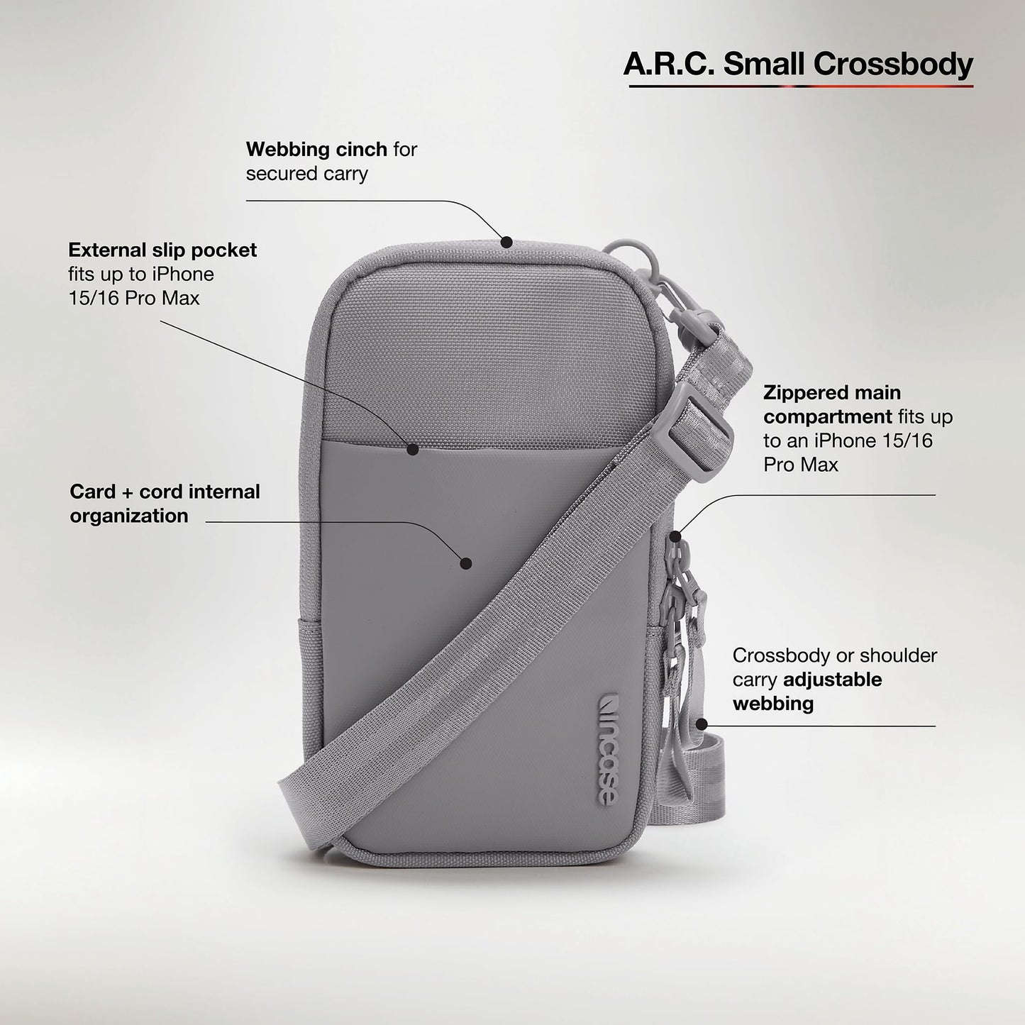 Incase A.R.C. Small Crossbody Bag, Recycled Polyester, Fits iPhone Pro Max, External Pocket, Adjustable Strap, Travel Sling (Grey)