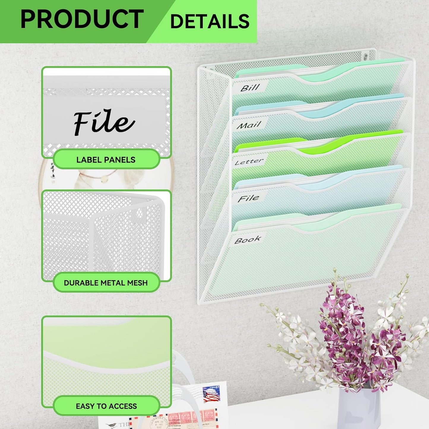 5 Pockets Mesh Hanging Wall File Holder Organizer Wall Mounted Paper Magazine Rack, Black