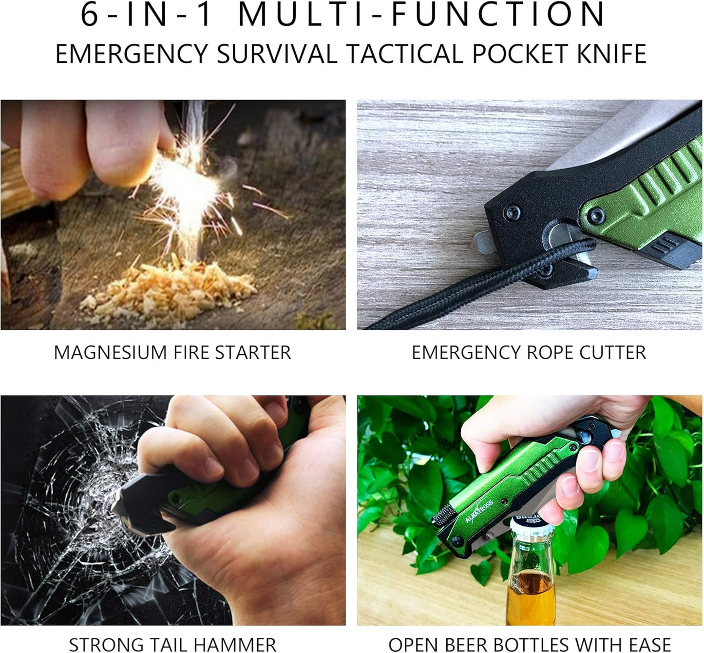 ALBATROSS 6-in-1 Survival Tactical Military Folding Pocket Knives with LED Light,Seatbelt Cutter,Glass Breaker,Magnesium Fire Starter,Bottle Opener;Multi-Function Emergency Tool(Black)